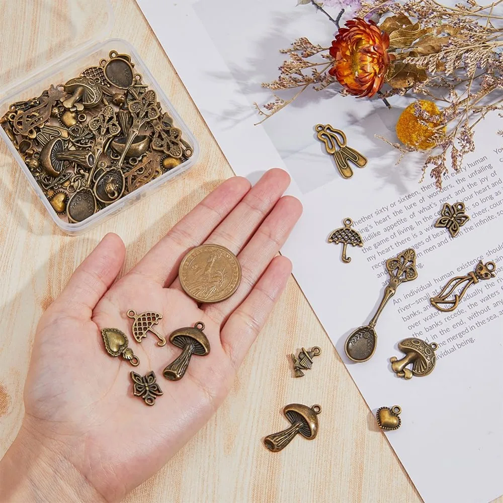 68Pcs Alice in Wonderland Charms Bulk Mixed Style Fairy Charms Antique Bronze Alloy Pendants Rabbit/Mushroom/Umbrella Pendant view 3