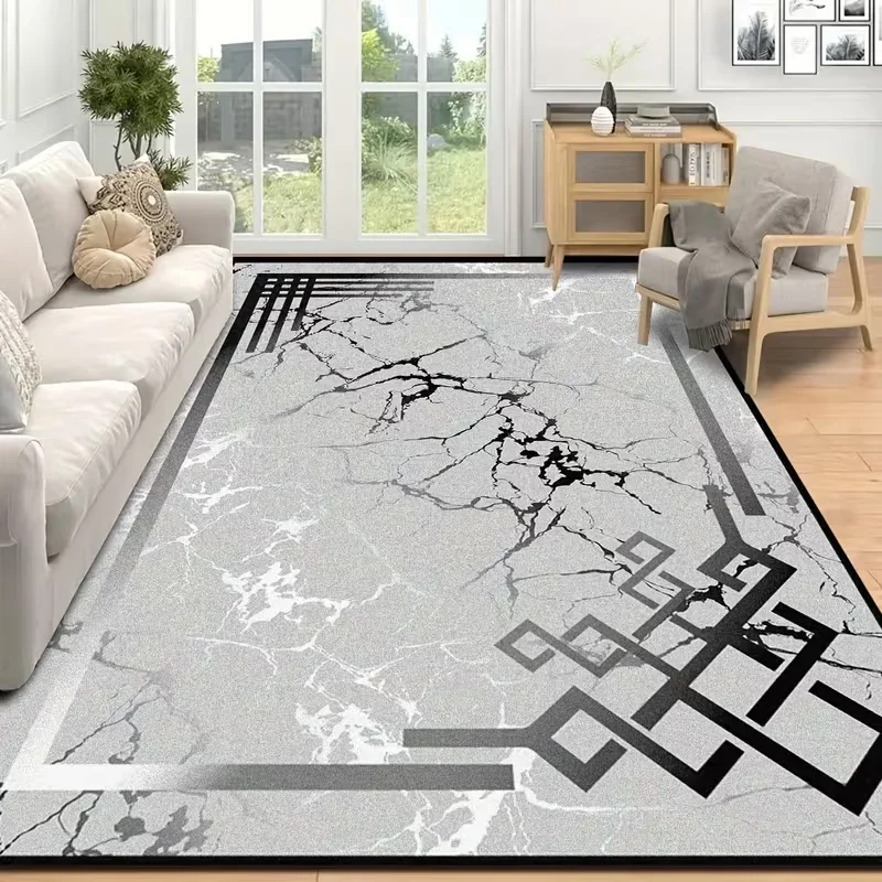 Large Area Marble Vein Pattern Area Rug for Living Room and Bedroom Decor - Modern Gray and Black Design
