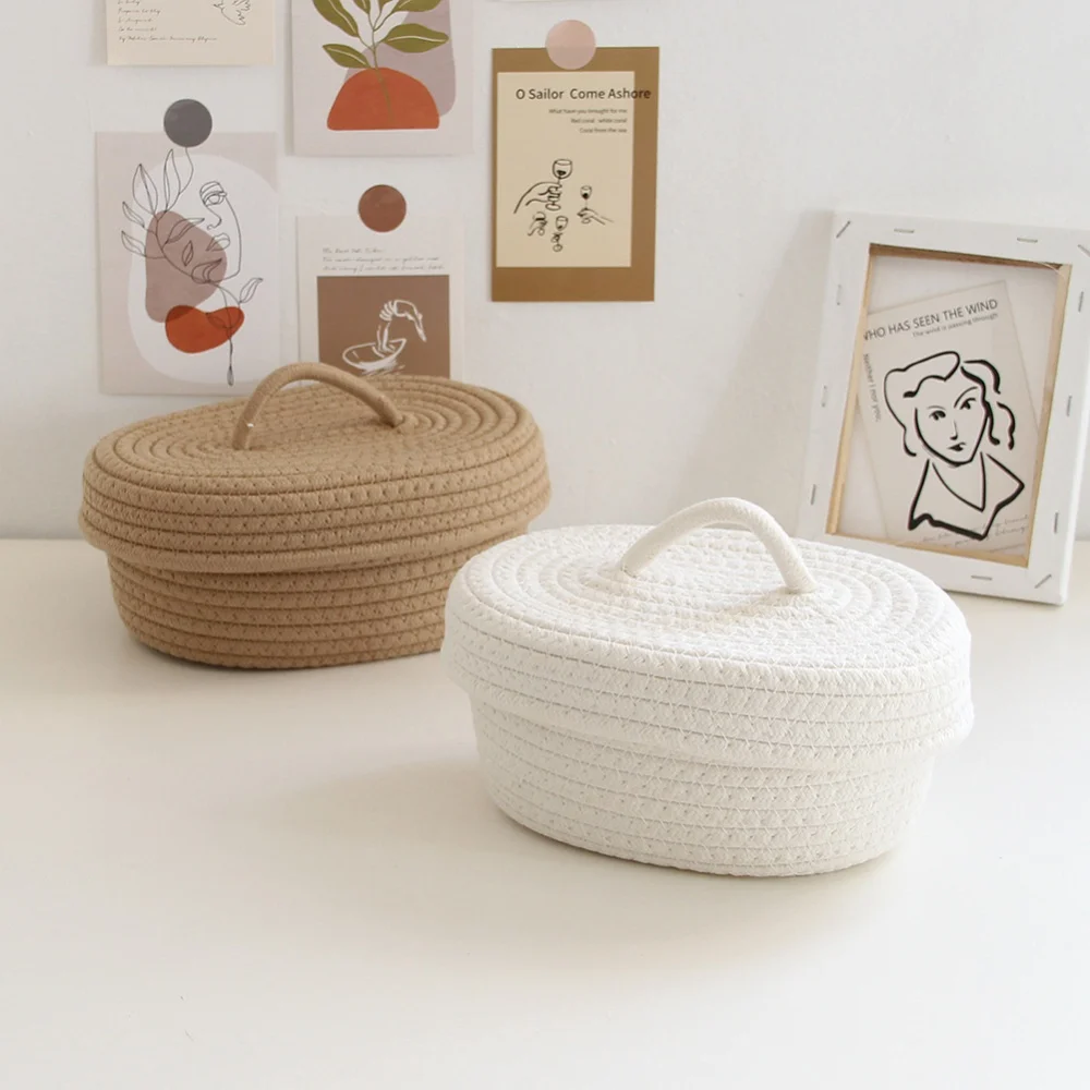 Woven Baskets Cotton Knitting Basket with Lid Baskets Sundries Cosmetics Toys Storage Basket Makeup Sundries Snack Needles