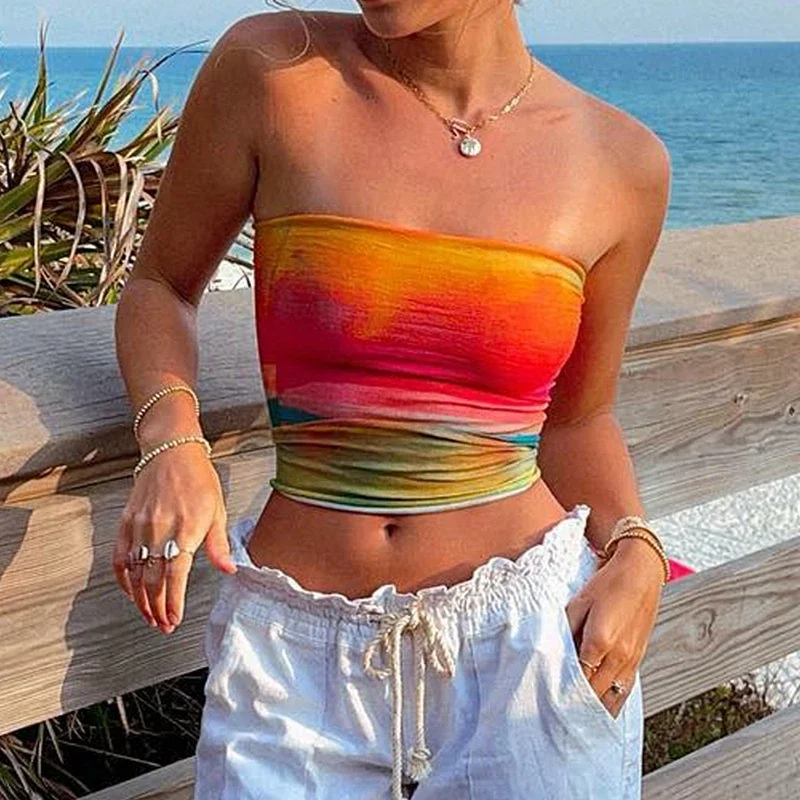 DSMTRC Hotsweet Y2K Tube Top Tie-dye Print Strapless Camis Off Shoulder Backless Bandeau Crop Top Retro Streetwear