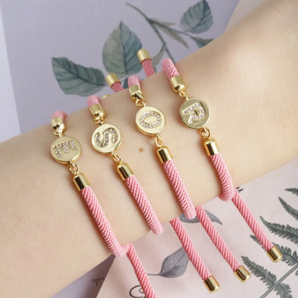 Fashion New Round Shape White Zircon 26 English Letters Pull Push Pink Color Rope Chain Bracelet Sweet Cute Women Jewelry