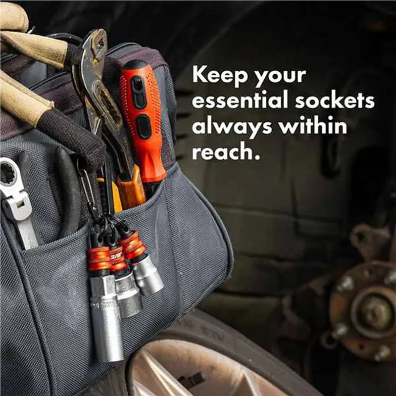 [NEW!A93G】 Socket Holder Keychain 10Pc - 3/8 Inch Socket Organizer With Quick Release And Clip - Impact Wrench And Toolbox
