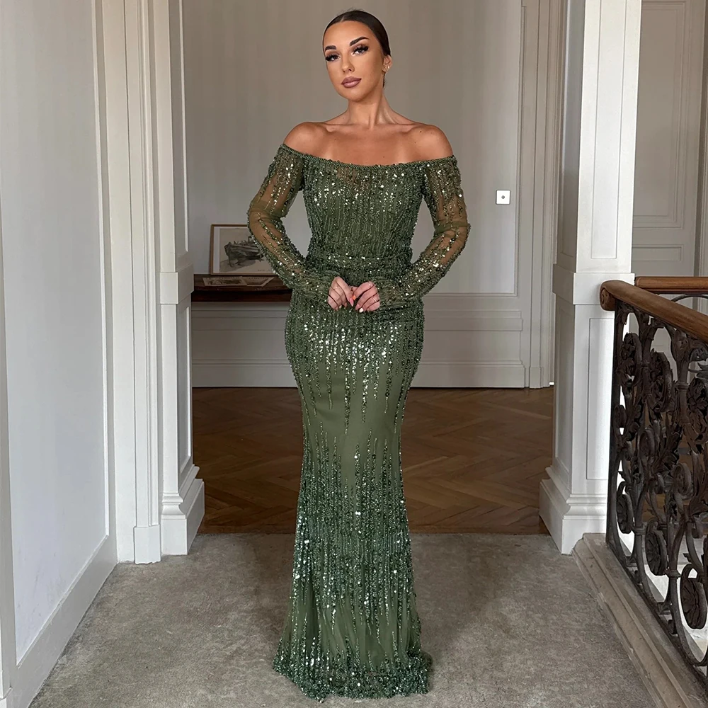 

Luxury Green Off-the-Shoulder Sequined Mermaid Evening Dress Saudi Arabia Customized Tulle Long-Sleeve Celebrity Gowns for Women