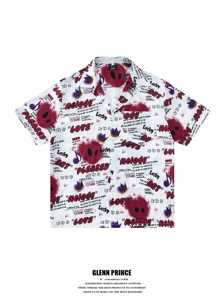 

GPstudio Japanese Retro Cartoon Graffiti Print Short Sleeve Men's Shirt Summer Loose Design Unique Style Polyester Fiber Casu...