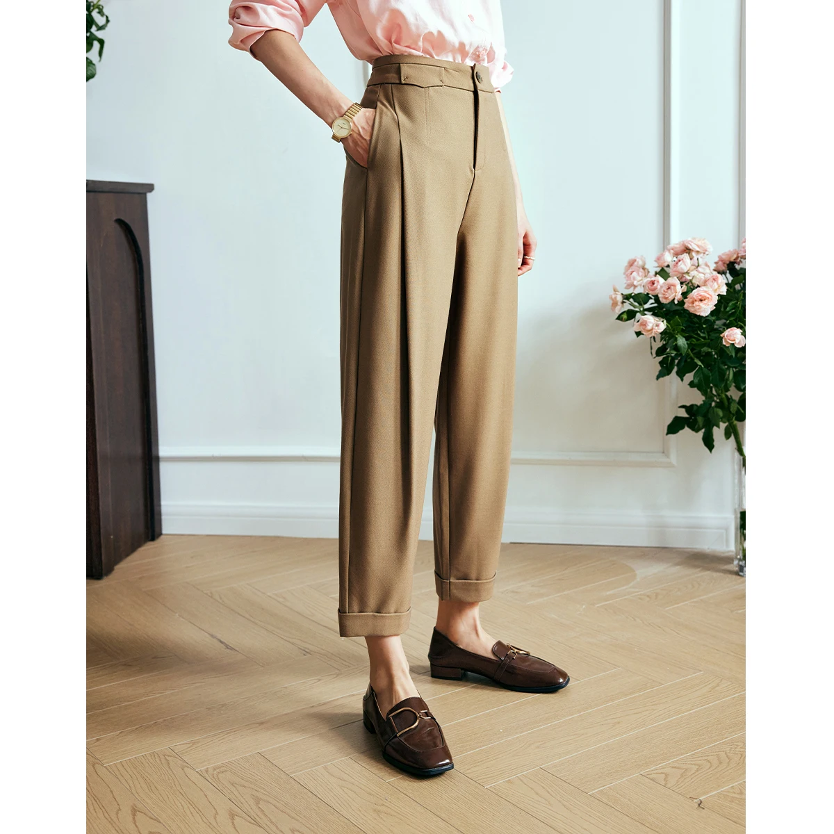 OLrain Women's Pleated Trousers Commuting High Waist Anke-Length Pants Autumn 2026 Casual Loose Pockets Ladies Pants O23QK65126