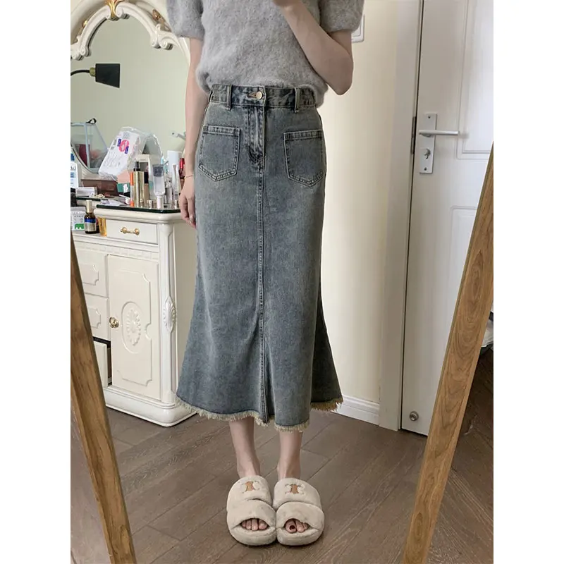 

Retro Denim Fi Tail Skirt Women's Spring Summer New High Waist Slimming Belly Covering A-Line Mid-Length Svel ves ...