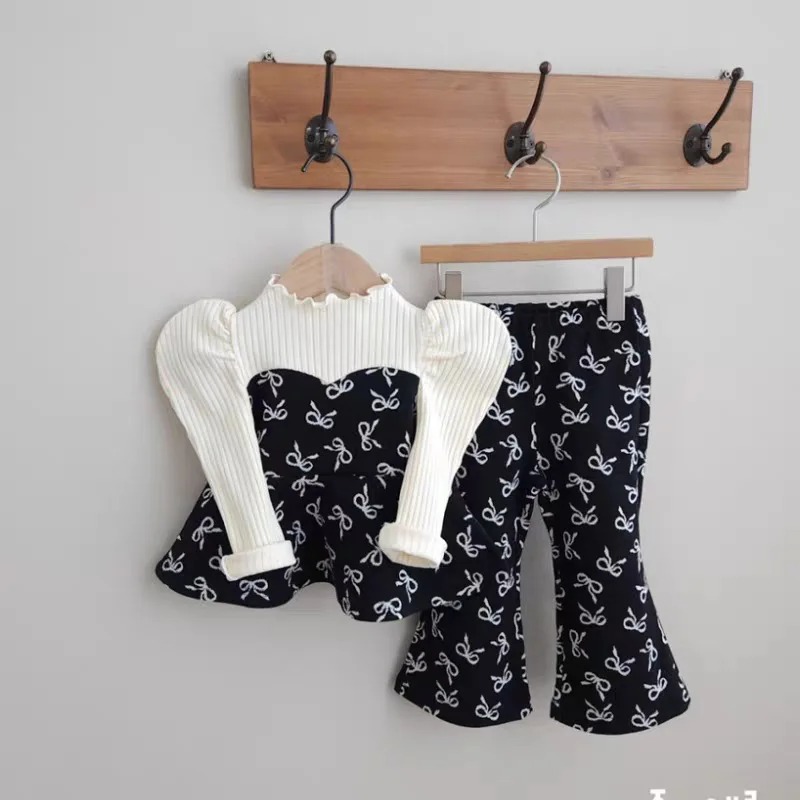 2025 Autumn New Children Long Sleeve Clothes Set Baby Girls Sweet Bow Print Shirts + Flared Pants 2pcs Suit Kids Casual Outfits