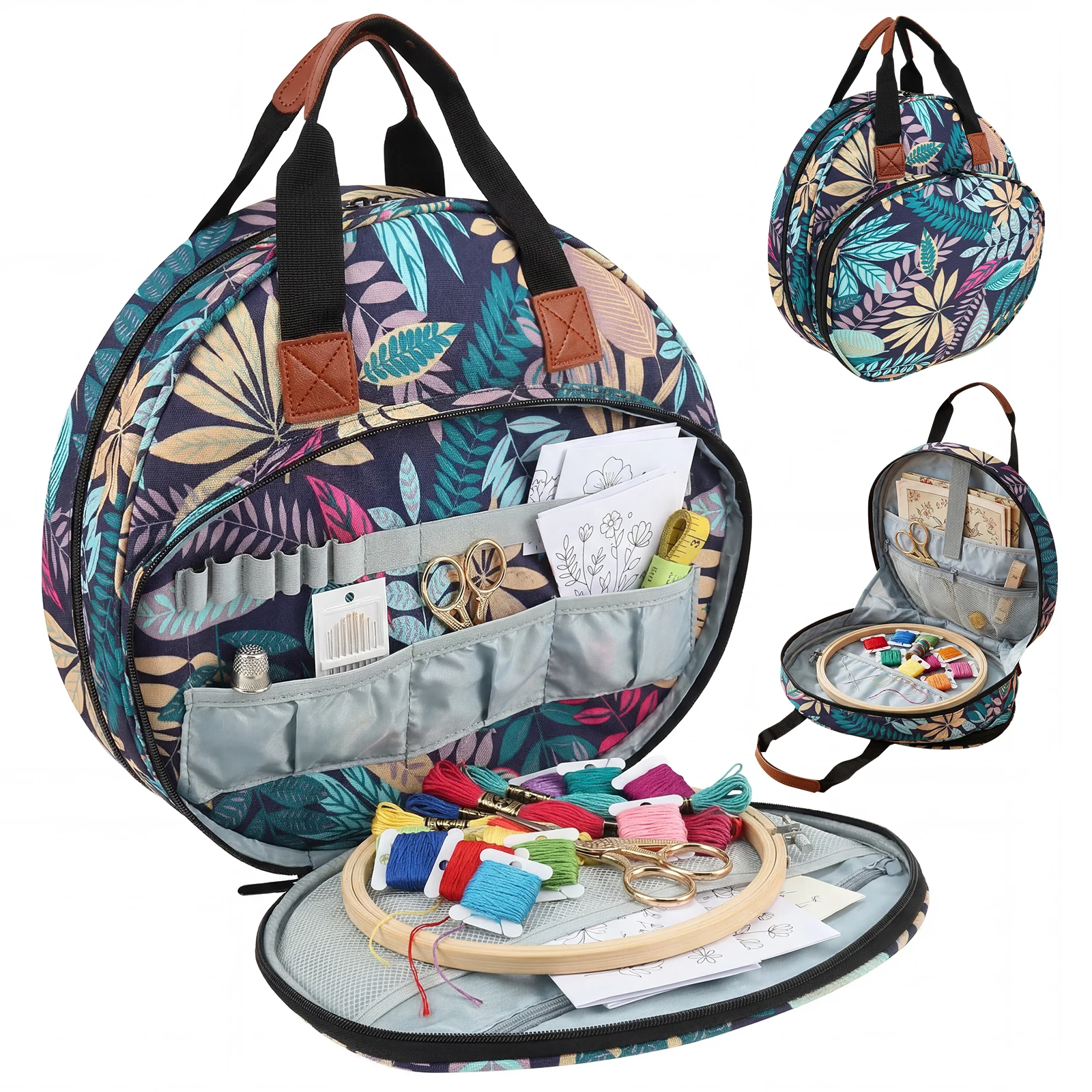 

Embroidery Project Bag Embroidery Supplies Storage Carrying Tote Case with Multiple Pocket for Floss Hoop Thread Stitch Tool Kit