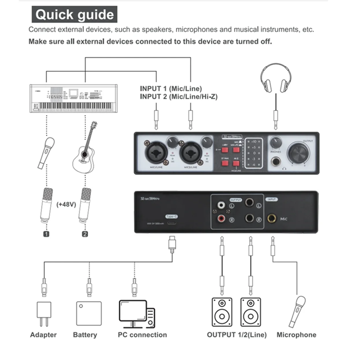 2 in 2 Out USB Audio antarmuka 32Bit/384KHZ Studio Kit merekam profesional kartu suara 48V Phantom