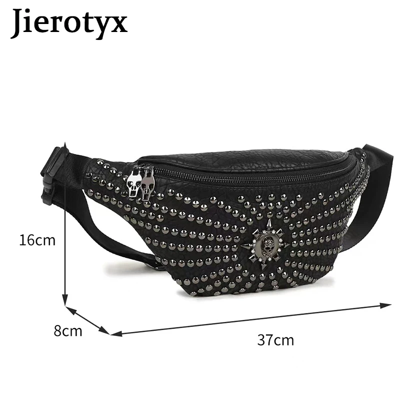 JIEROTYX Womens Black Studded Bags Faux Leather Waist Bag Fanny Pack Y2K Money Bum Bag Hip Belt Gothic Style Vintage Rivet