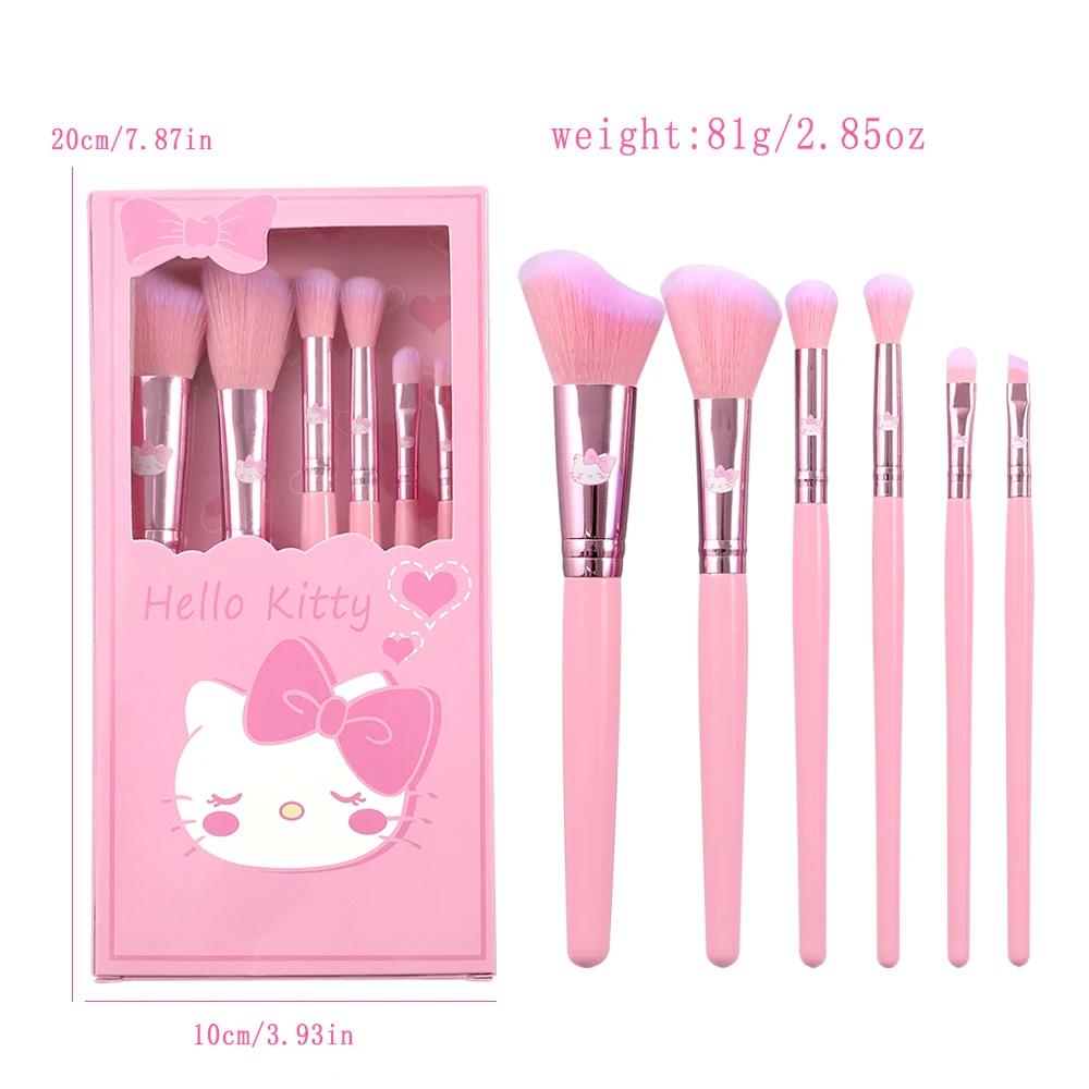 Sanrio Pink Cartoon Makeup Brush, Cute Hello Kitty, Soft Fiber Wood, Eye Shadow Brush, Suitable for Girls, Makeup Tools, 6Pcs