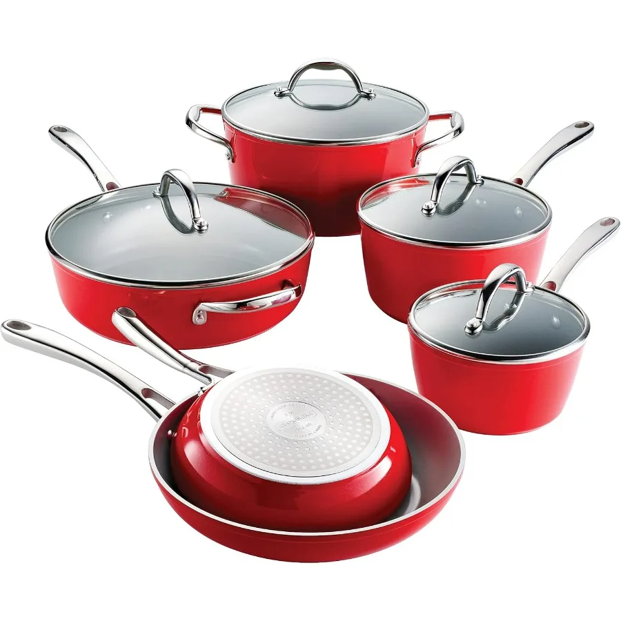 

10Piece Ceramic Non Stick Cookware Set with Lids HeavyGauge Aluminum Pots and Pans Kitchen Set with Nonstick Coating Dishwasher