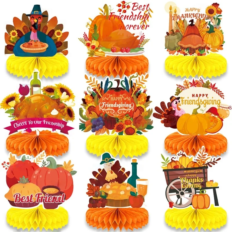 

New Set of 9 Pieces Thanksgiving Birthday Party Decorations Kids Party Supplies Honeycomb Decoration Cake Decoration Background