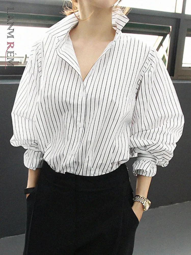 

LANMREM Casual Striped Shirt For Women Lapel Puff Sleeves Single Breasted Loose Blouses 2024 Female Summer New Clothing 2Z1685