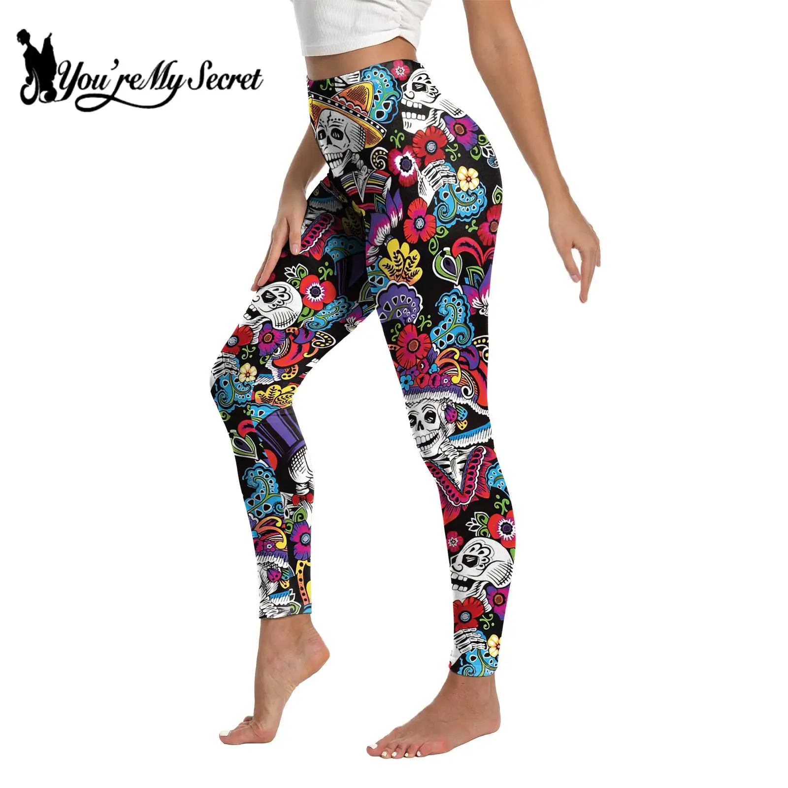 [You\'re My Secret] Women\'s Leggings Halloween Day of The Dead Skull Rose 3D Print Pants Skinny Stretchy Elastic Workout Trousers