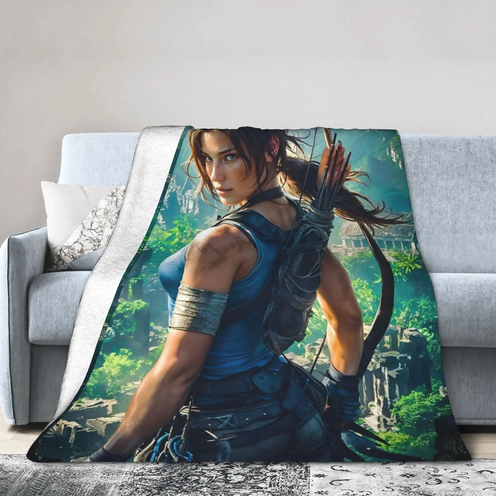 

Плед из бархата с изображением Лары Крофт из игры Tomb Raider, мягкий вязаный плед на игровую тематику, многофункциональное одеяло для дома, автомобиля и путешествий