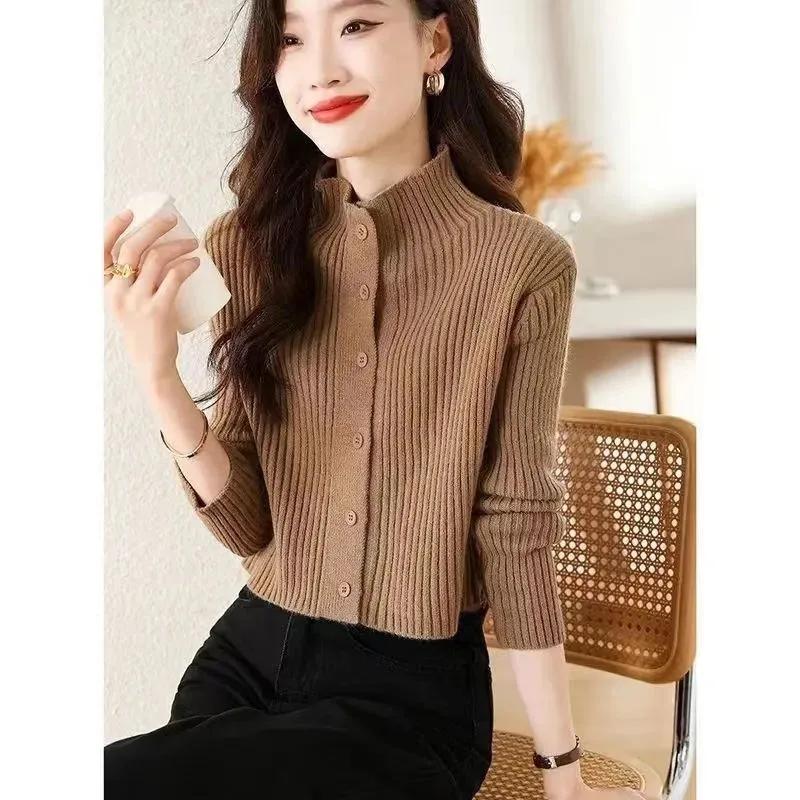 New Autumn Winter High-Necked Knitted Bottoming Shirt Knitted Cardigan Female Long Sleeve Jacket Women Short Sweater Coat Ladies