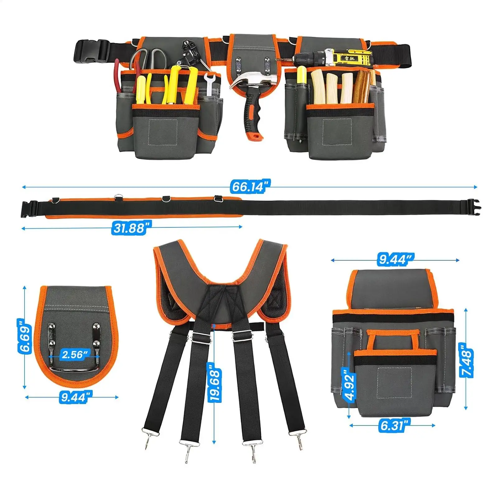 Cinturón de herramientas para hombre, 2 bolsas magnéticas con tirantes, cinturón de utilidad resistente de 18 bolsillos para construcción de enmarcado de cableado eléctrico