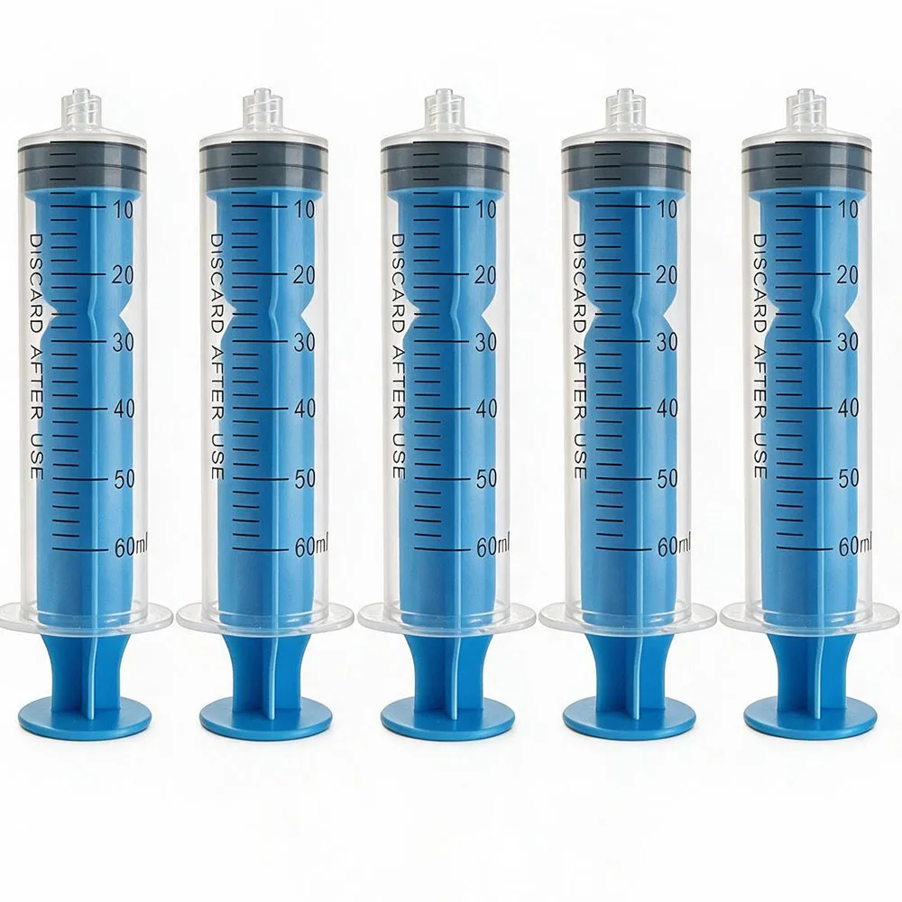 5pcs/pack 60ml Luer Slip Syringe with Blue Plunger, Large Volume No Needle Dispensing Syringe, Sterile Individually Wrapped