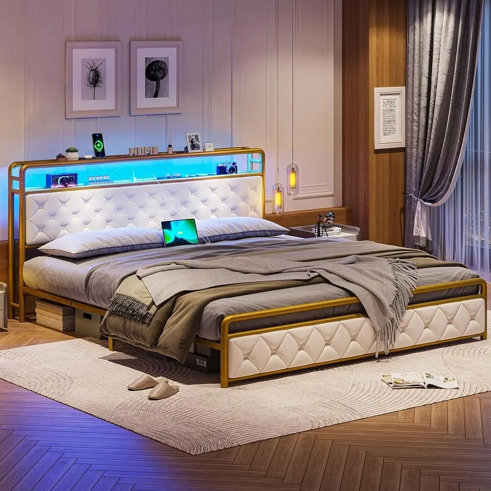 King Size Bed Frame with Storage Headboard &LED Lights, Upholstered Platform Bed