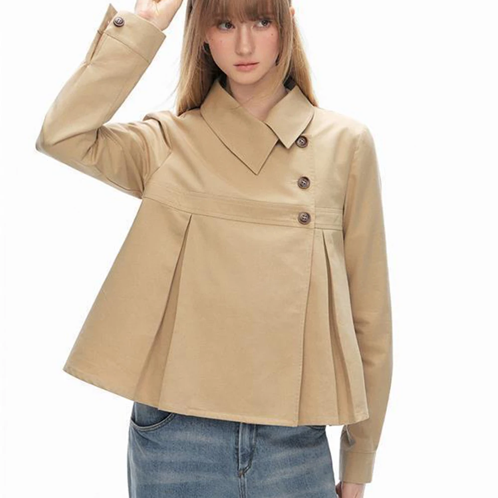[Autumn twilight pleats] Retro quite wide button lapel side placket shirt jacket versatile casual top chic