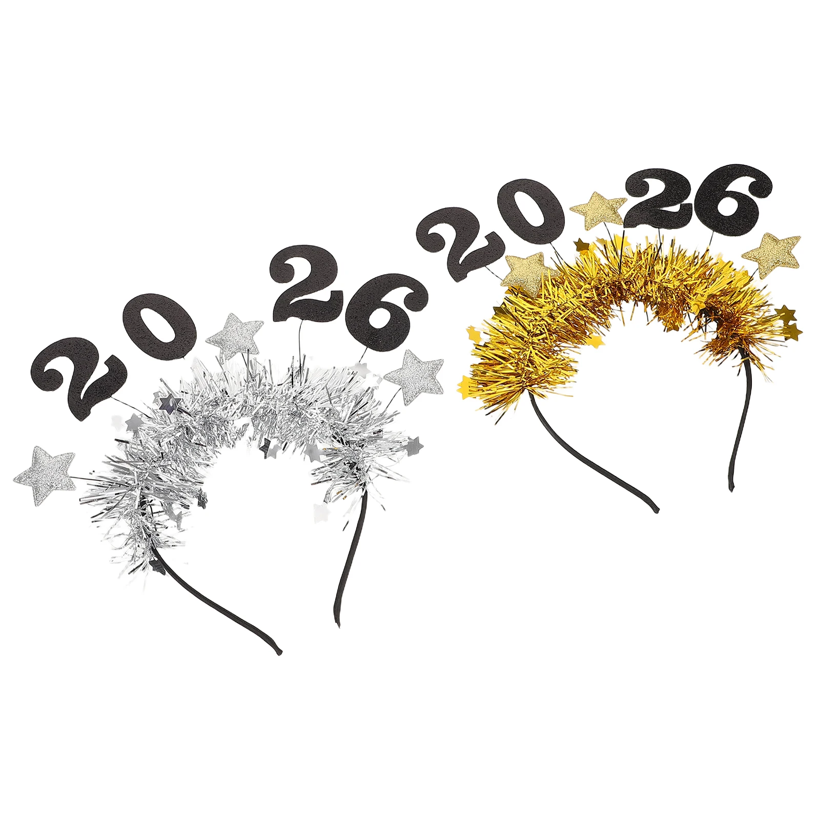 2Pcs 2026 New Year Headbands Glitter Star Tinsel Hair Hoops Lightweight Comfortable Party Hairbands for New Years Eve Holiday