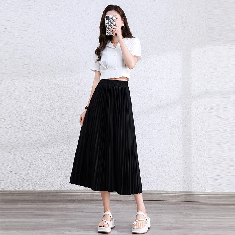 

Black Midi Skirt for Women in Summer 2024 New High Waisted and Slimming Look Mid To Long Pleated Skirt Hip Covering Skirt