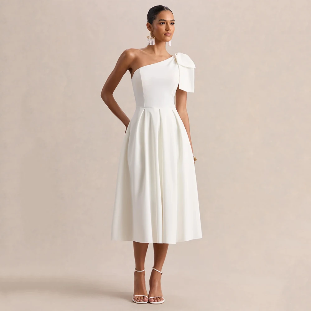 

Customized Simple Wedding Dress Midi One Shoulder Bow A Line Women's Wedding Gowns Tea Length Pleated Elegant Bridal Dress Short