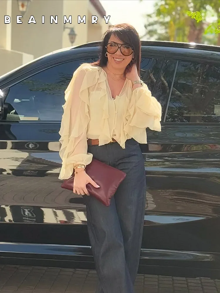 Camicie casual in chiffon sottile con volant solido con scollo a V Top a maniche lunghe da strada delle nuove donne Camicetta per pendolarismo in ufficio primaverile 2025