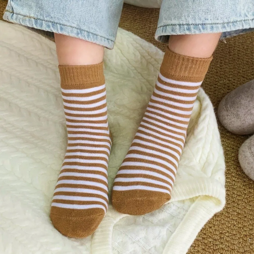 Thermal Fleece Lined Thick Crew Socks Striped Pattern Soft Cozy Texture Winter Warm Socks Maternity Design Cold Weather Ready