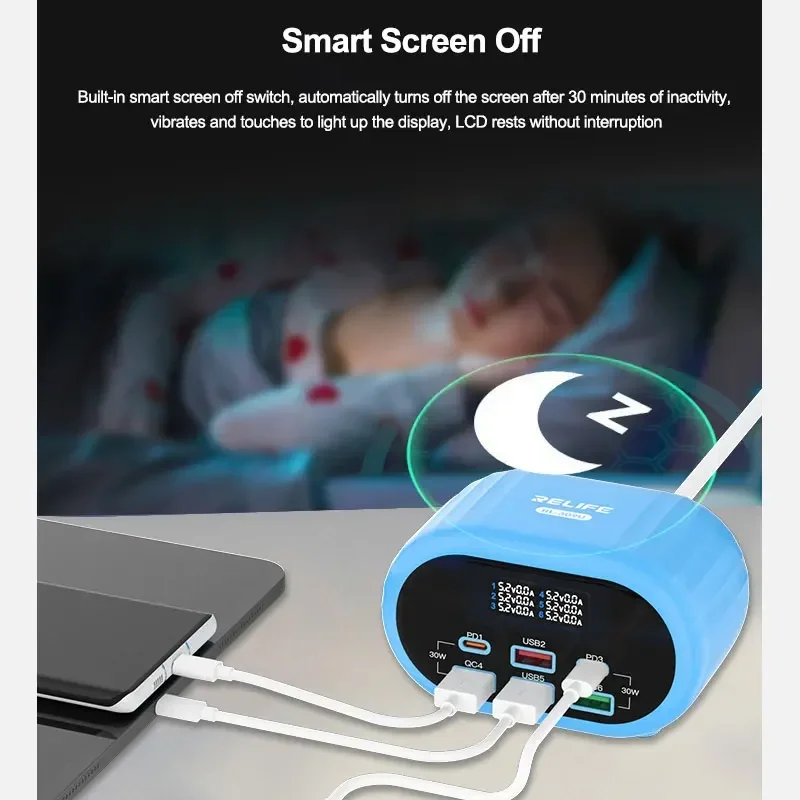 

RELIFE RL-309U 72 Вт Умное 6-портовое зарядное устройство Dual PD/Dual QC для большинства мобильных телефонов/планшетов/ноутбуков основного бренда и других устройств