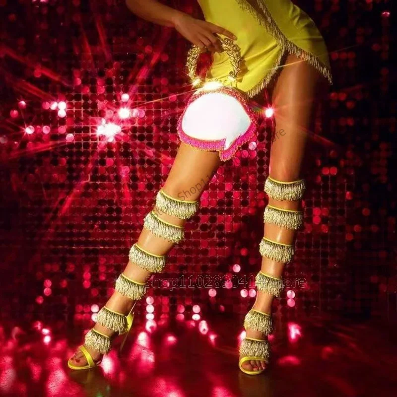 

Crystal Beads Tassels Yellow Cut Heel Sandals Boots Back Strap Women Shoes Thin High Heels Open Toe New 2025 Zapatos Para Mujere