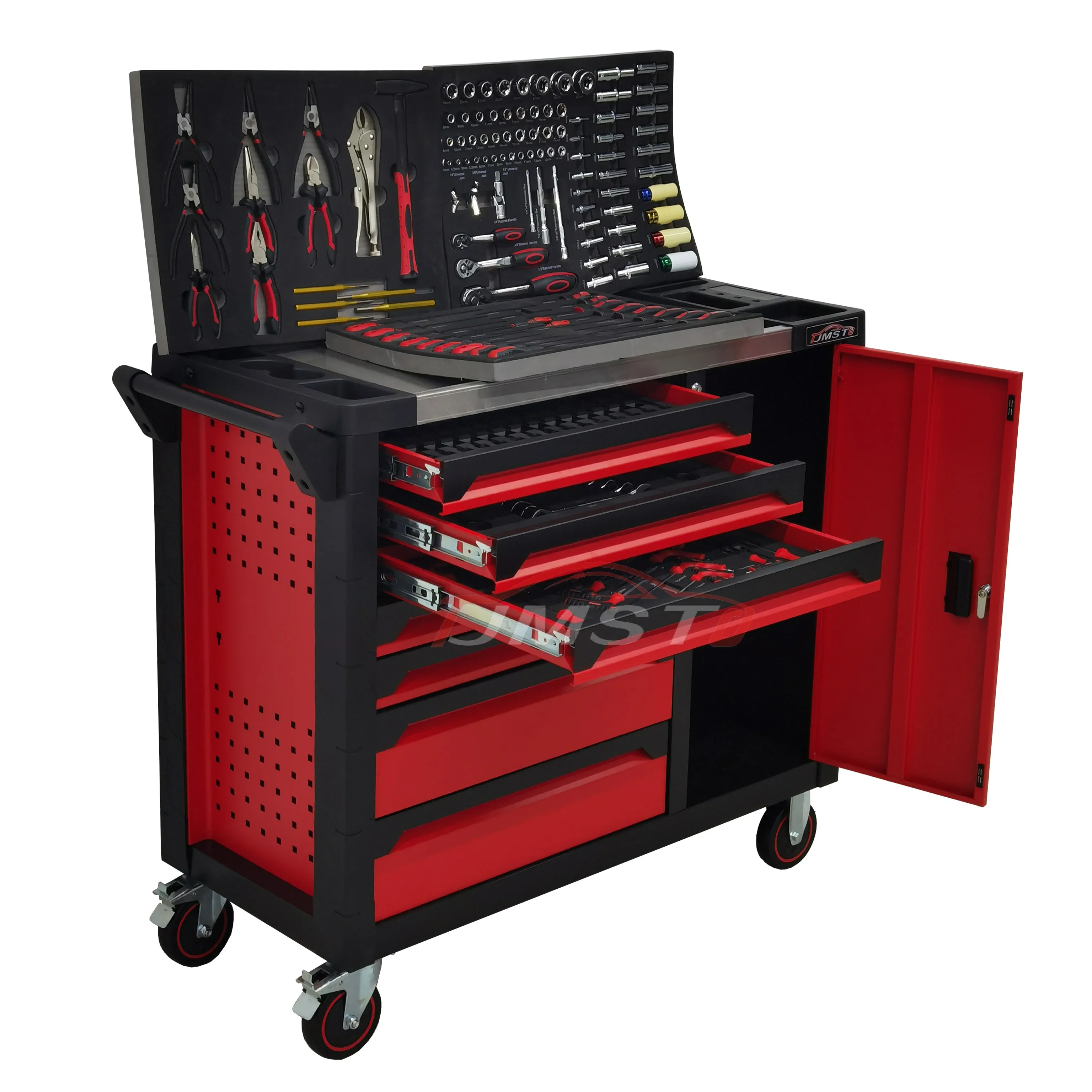 Red 200PCS Hand Tool Set With CRV Material Wheeled Tool Cabinet Trolley For Car Repair OEM Available