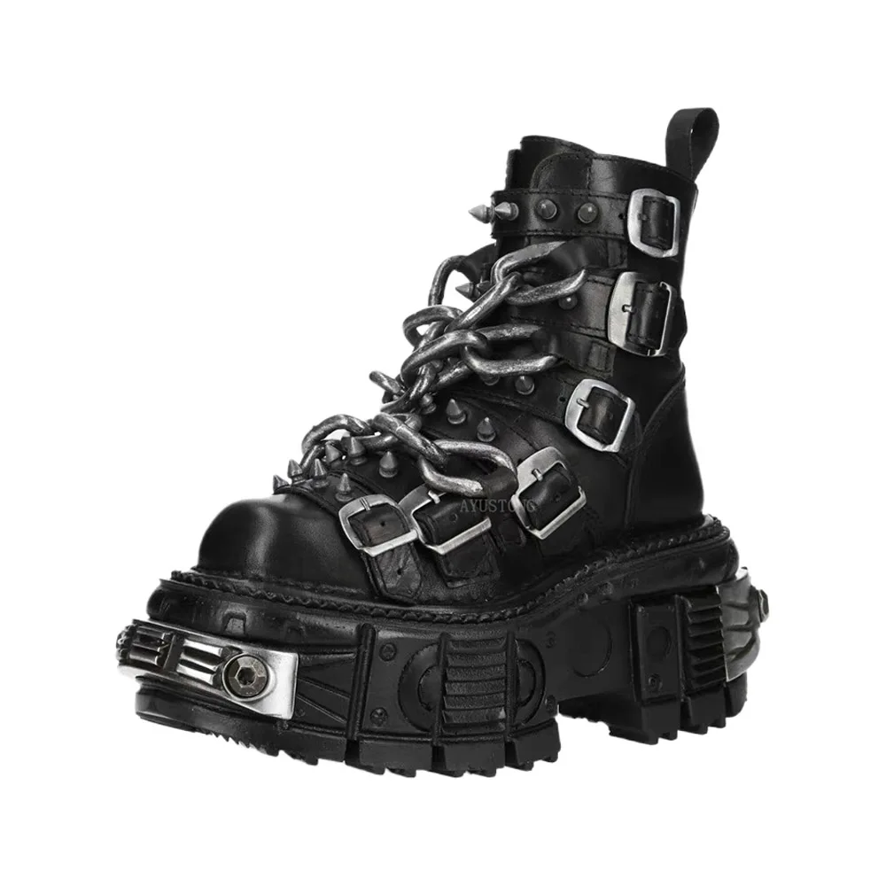 

Модные мотоциклетные ботинки из натуральной кожи, повседневные ботинки до середины икры на толстой подошве с заклепками и цепочкой в стиле панк, новые уличные рок-пряжки на ремне