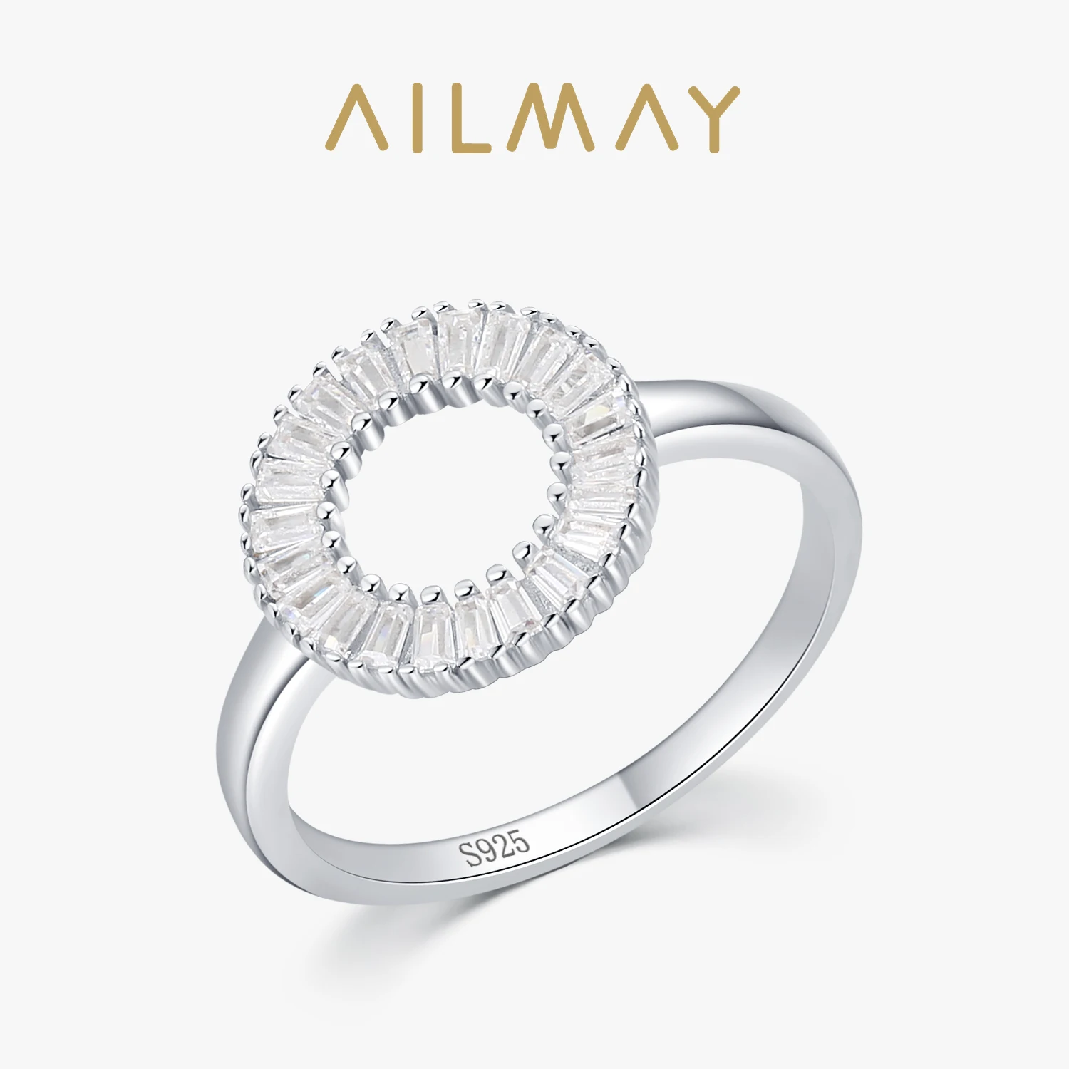 Ailmay Real 925 Sterling Silver Clear Zircon Circle Round Finger Ring For Women Wedding Statement Fine Silver Jewelry