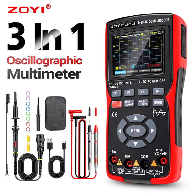 

3 In1 ZT703S Digital Multimeter 50MHz Bandwidth 280MS Rate PC Waveform Data Storage Dual Oscilloscope Signal Generator Tester