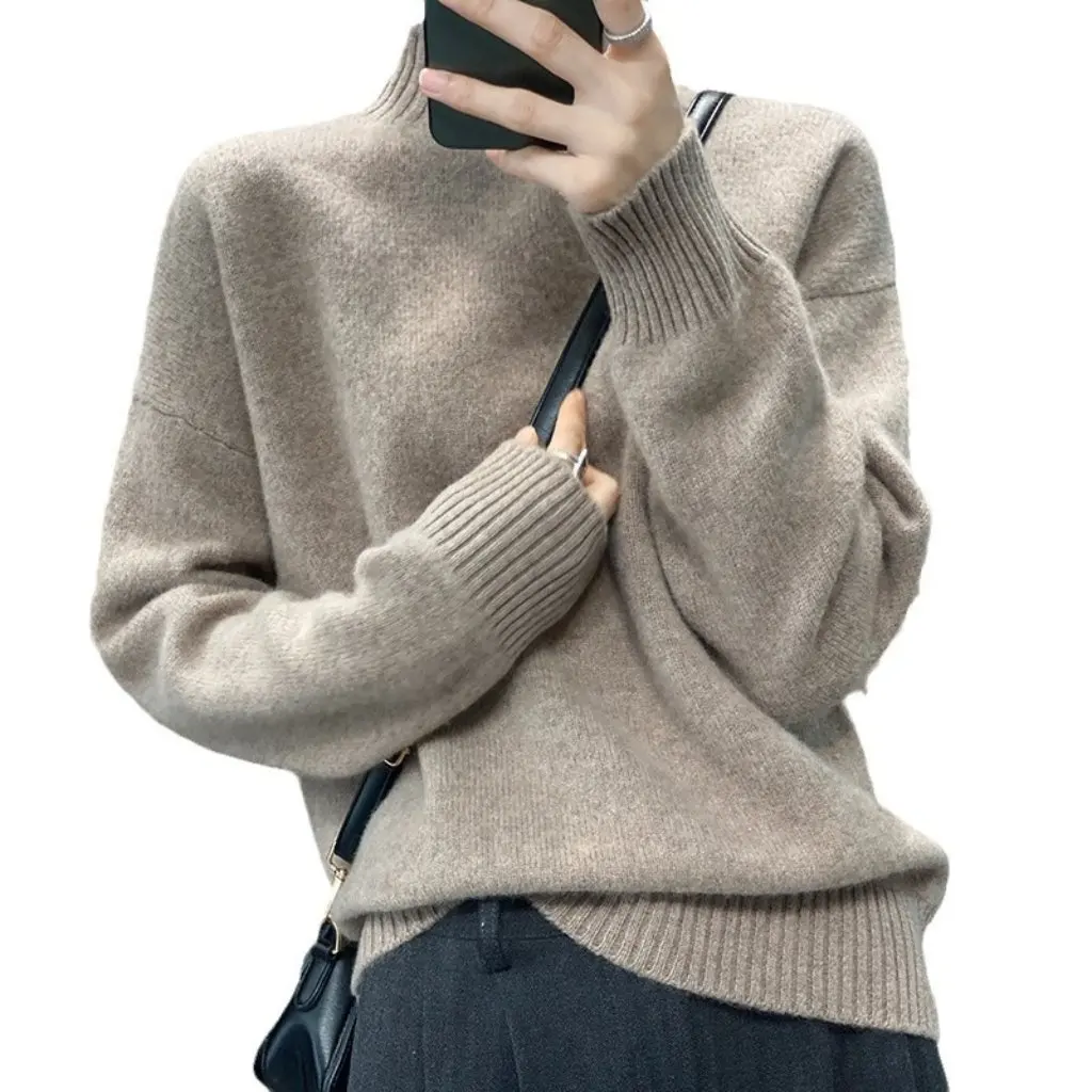 

Women's Half-Turtleneck Thickened Wool Base Layer Loose Fit Casual Pullover Knitted Sweater for Autumn Winter
