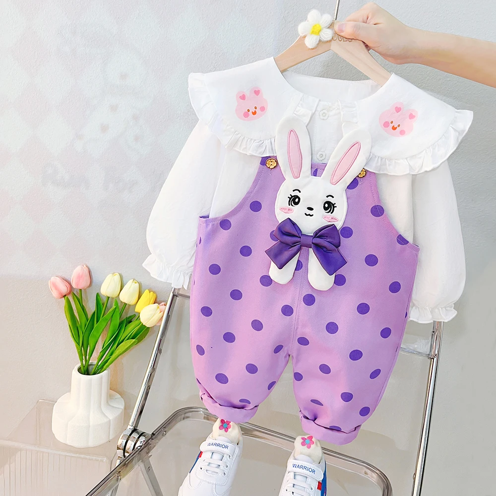 

2024 Spring Kids Clothing Sets Baby Girls Lace Shirt Cartoon Rabbit Overalls Children Costume 2 Pcs Suits Infant Clothes Outfits