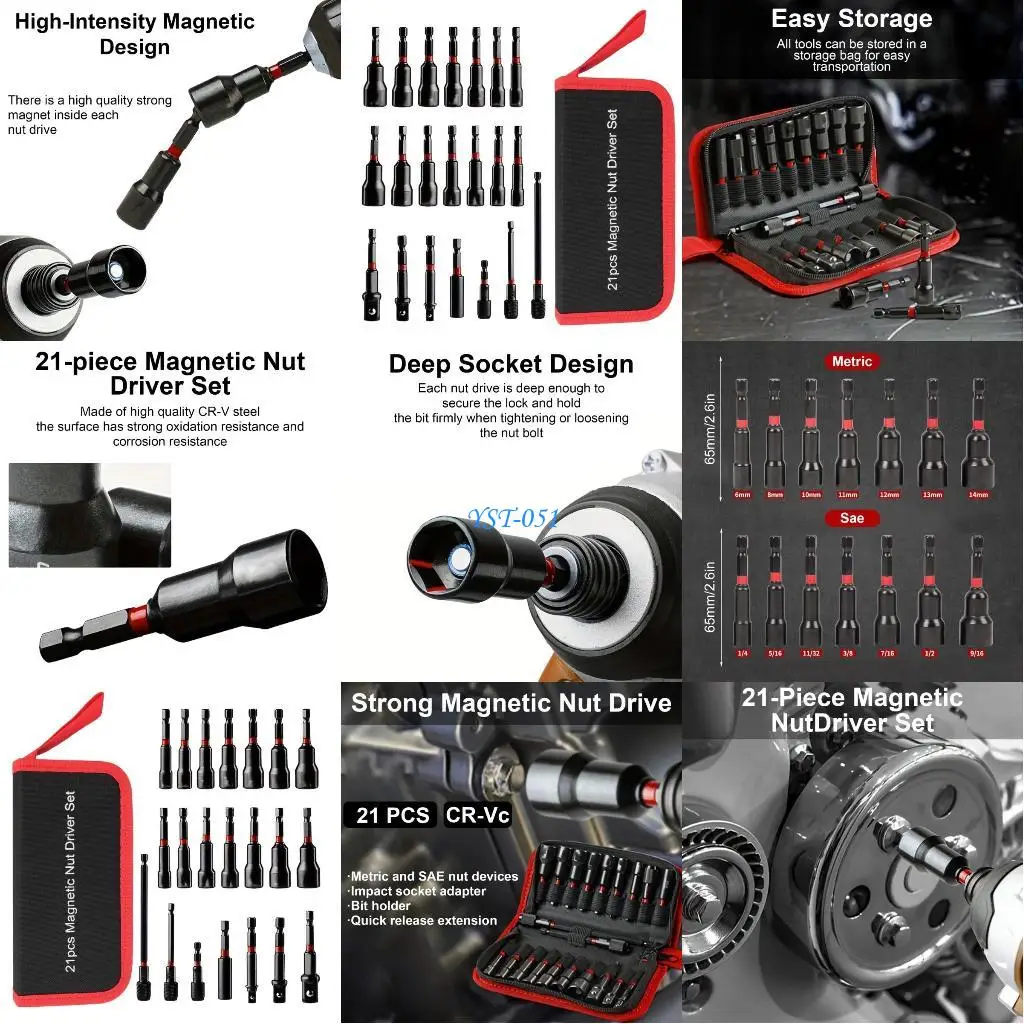 

E15A 21Pcs Nut Driver Set Impact Drill Driver Bit 1/4" HexShankMetric SAE