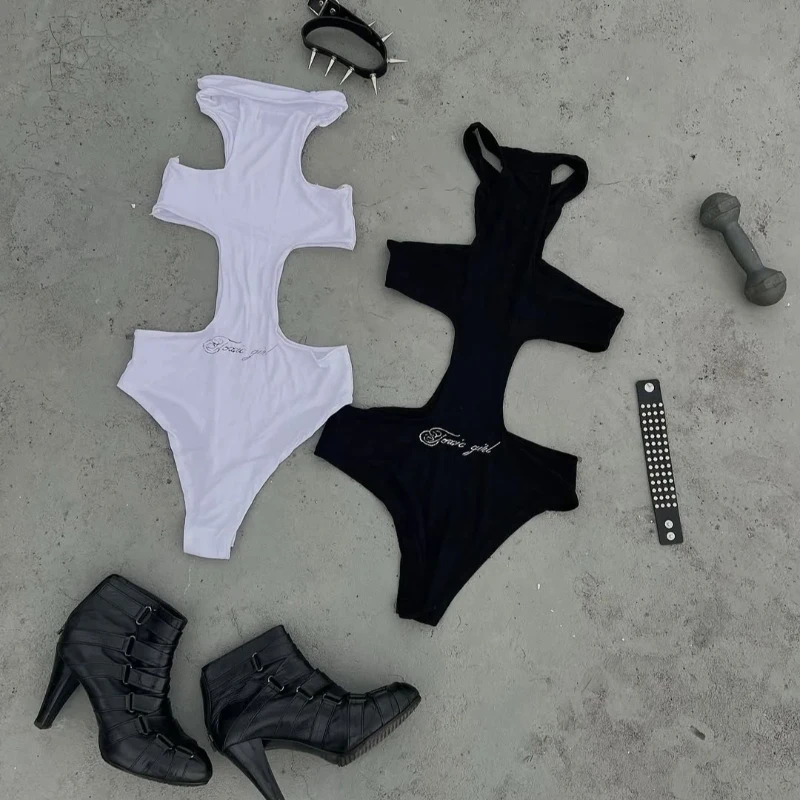 

Gothic Y2K Sexy Beach Outdoor Summer Neck Hanging Sleeveless Off Shoulder Letter Print Off Waist Bodysuit Solid Women's Clothing