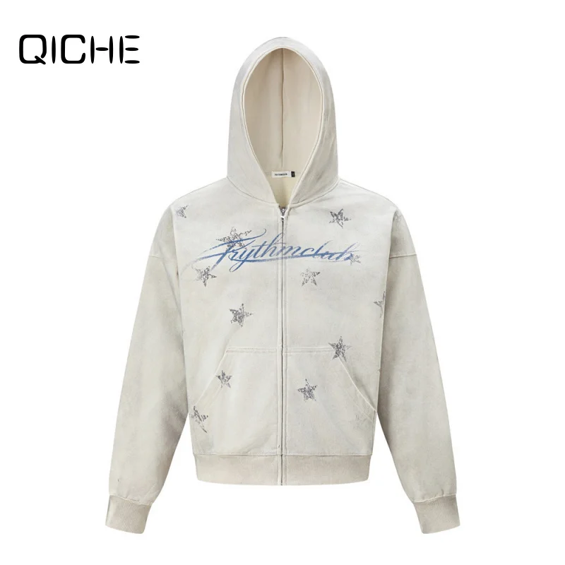 QICHE Spring Autumn Punk Street Hooded Cardigan for Men, Wasteland Spray Dye Distressed Star Print Loose Sweatshirt Jacket
