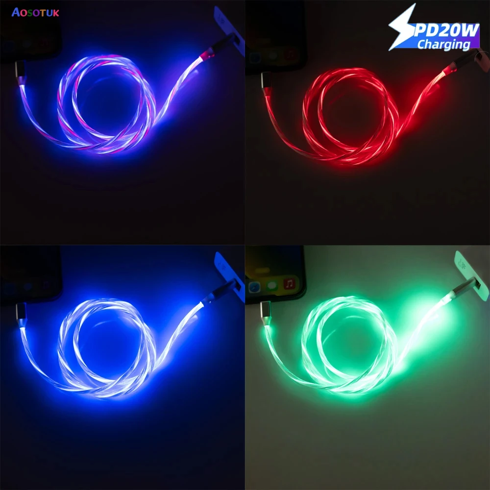 Glowing LED Cable 20W PD USB Type C to Lighting Fast Charger Cable For  iPhone 14 13 12 11 Pro Max X XR 8 7 Plus Data Sync Line