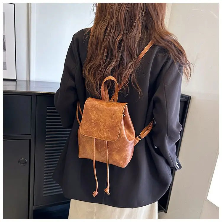 Vintage Solid Color Ladies Handbags College Girls Pu Leather Backpacks Compact Lightweight String Casual Shoulder Bags for Women