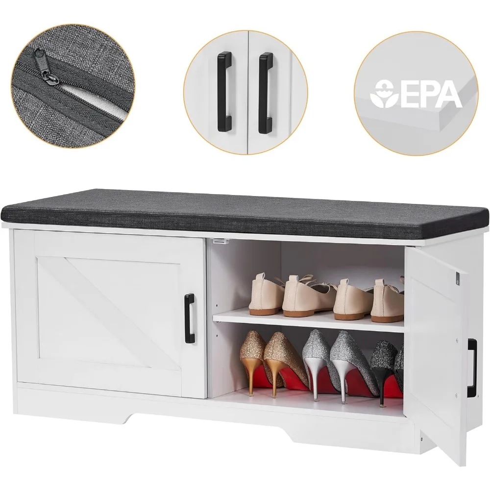 Panca portaoggetti bianca a 2 livelli con sedile imbottito, ripiano regolabile e ante di fienile per ingresso