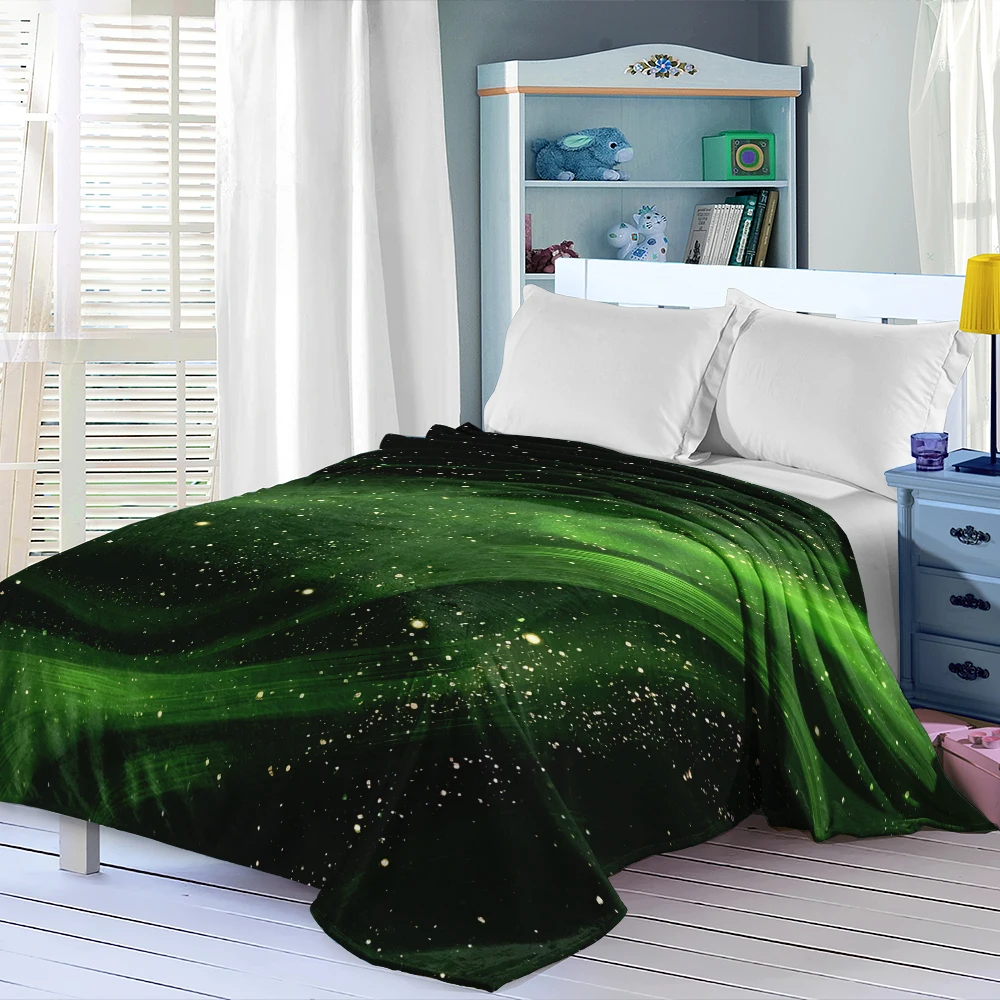Green Aurora Flow Stars Flannel Blanket Cartoon Printed Throw Blanket for Kids Adults Soft Plush Bed Sofa Cover Gift