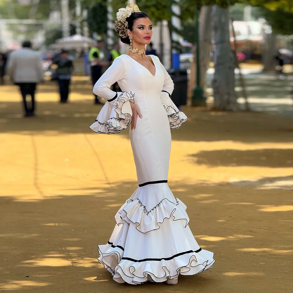 White Evening Dress 2025 Mermaid Ruffles Skirt Long Spanish Style Prom Dance Dresses Ceremony Party Gowns for Women