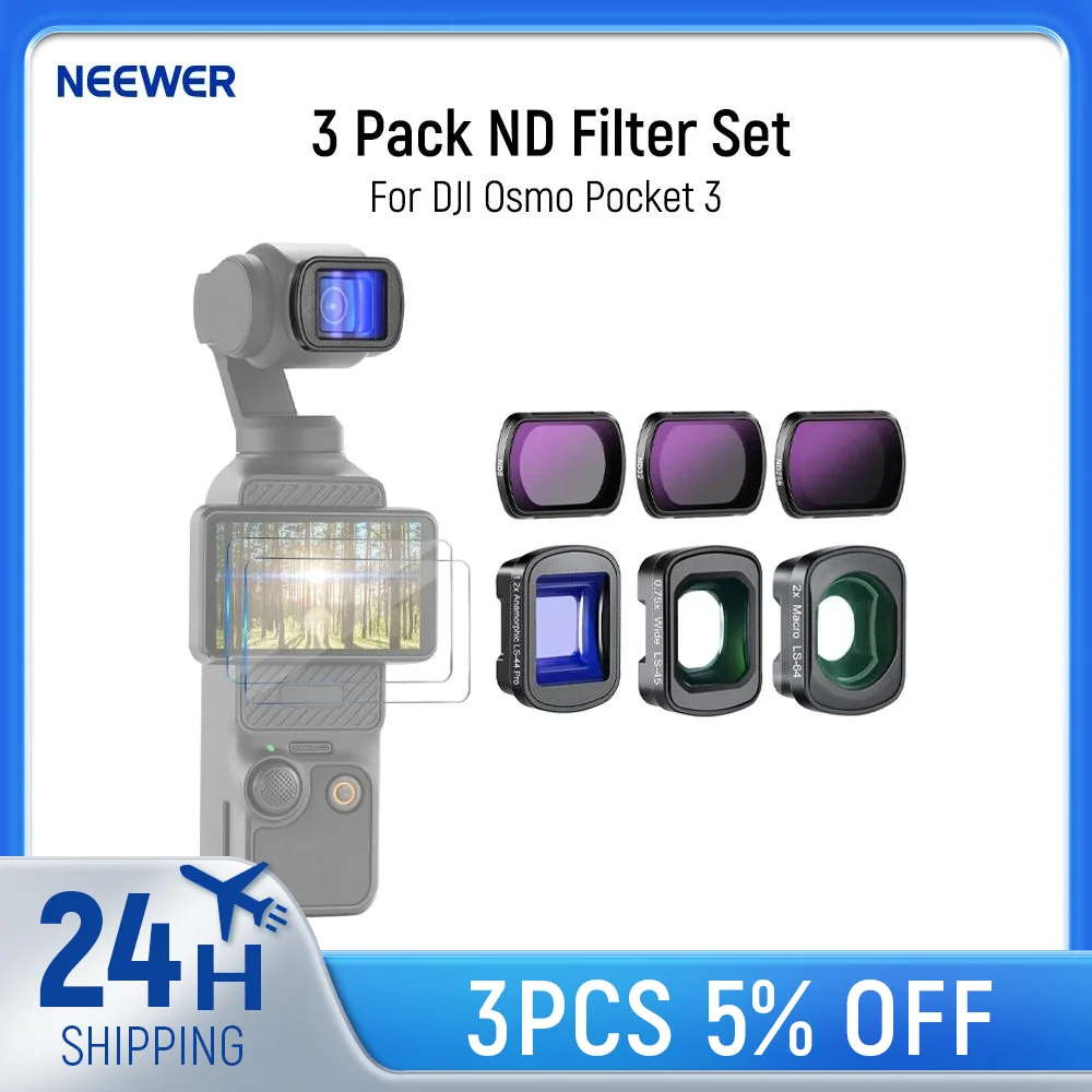 

NEEWER 3 Pack ND Filter Set with 0.75X Wide Angle Lens, 2X Macro Lens, 1.2X Blue Anamorphic Lens For DJI Osmo Pocket 3
