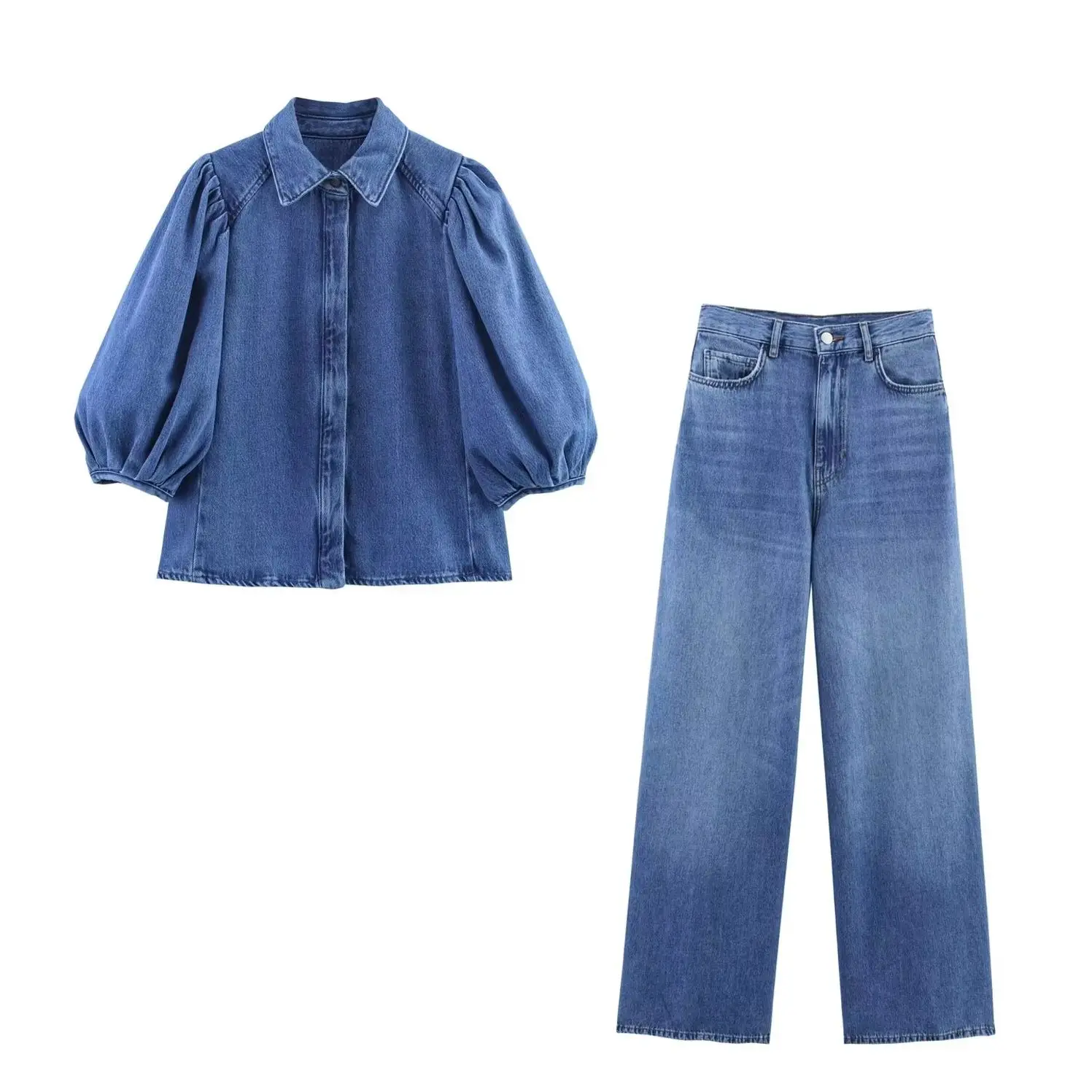 

KONDALA Chic Denim Streetwear Woman Suit Half Sleeve Button Turn-down Collar Shirt+Zipper Wide Leg Pants Fashion 2025 Mujer Set