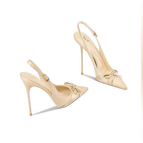 French style apricot pointed thin heel high-heeled shoes for women, new butterfly bow and empty toe shoes with skirt