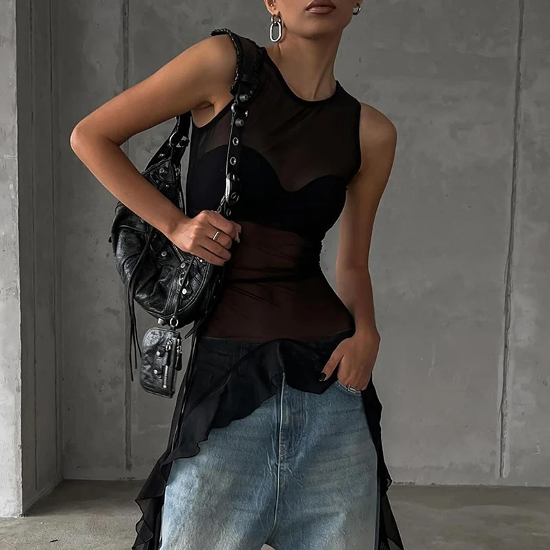 Tornova Mesh See Through Women's T shirt Fashion Sleeveless Streamer Splice Top Solid Slim Color Sexy T shirt 2025 Summer New